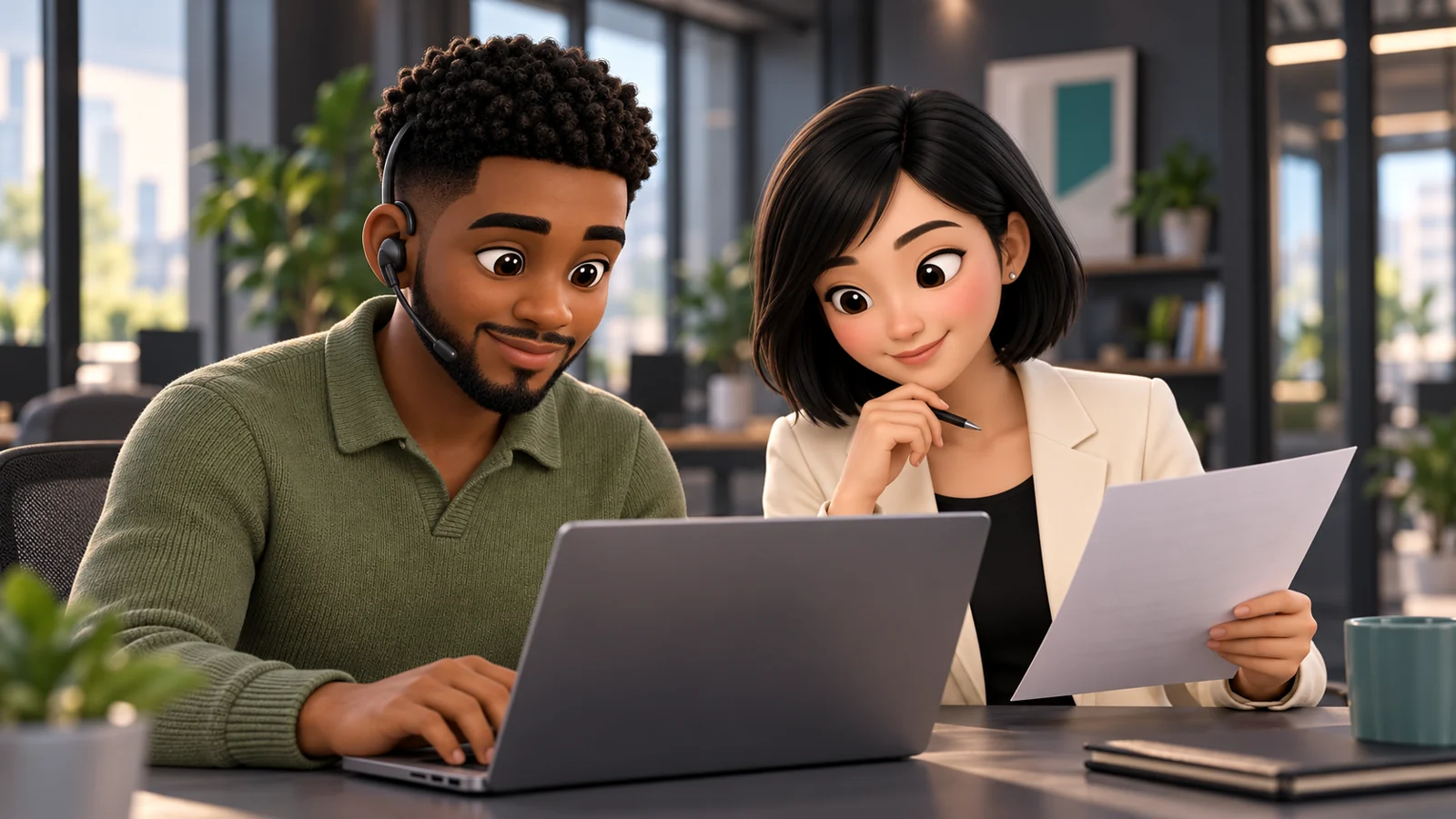 Lucas et Emma préparent une mission, avec un ordinateur et un document.